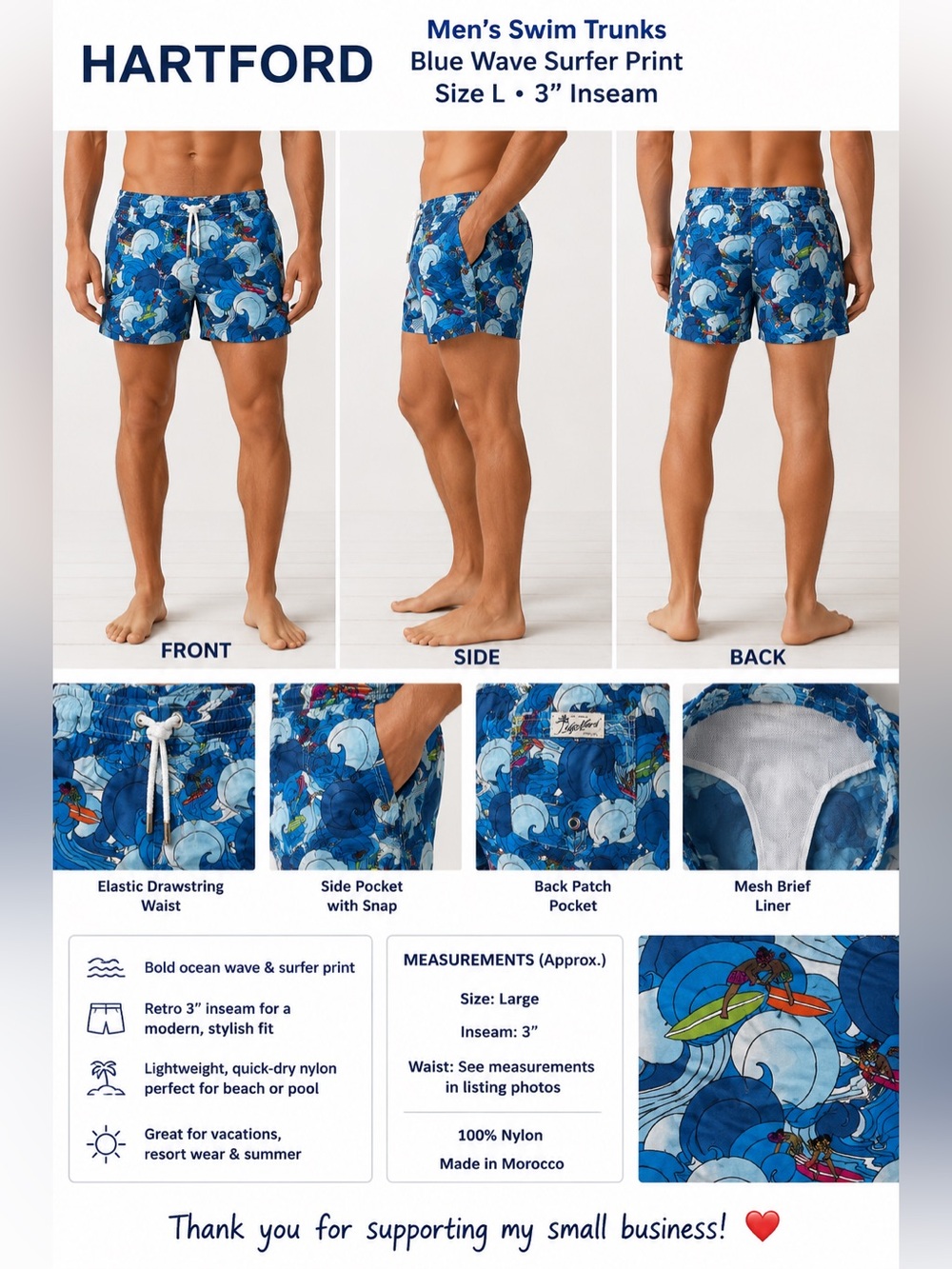 Hartford Swim Trunks Men’s L Blue Wave Surfer Print 3” Inseam Board Shorts